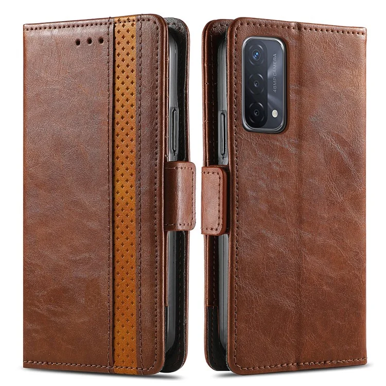 CASENEO 002 Series Business Style Folio Flip Dual Magnetic Clasp Splicing Leather Mobile Phone Case for OPPO A54 5G/A74 5G/A93 5G - Темно-коричневый