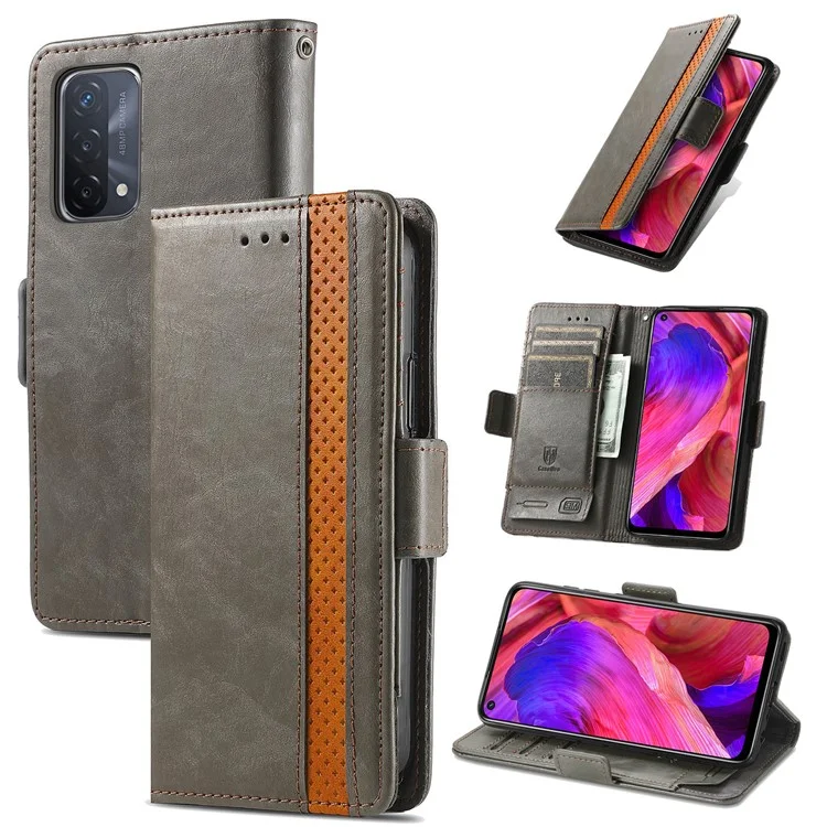 CASENEO 002 Series Business Style Folio Flip Dual Magnetic Clasp Splicing Leather Mobile Phone Case for OPPO A54 5G/A74 5G/A93 5G - Grey