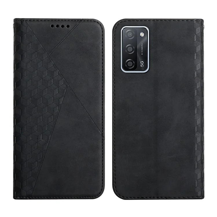 Rhombus Pattern Skin-touch Feel Magnetic Absorption Leather Protective Phone Cover Case for Oppo A16/A16s/A54s/A55 5G/A53s 5G - Black