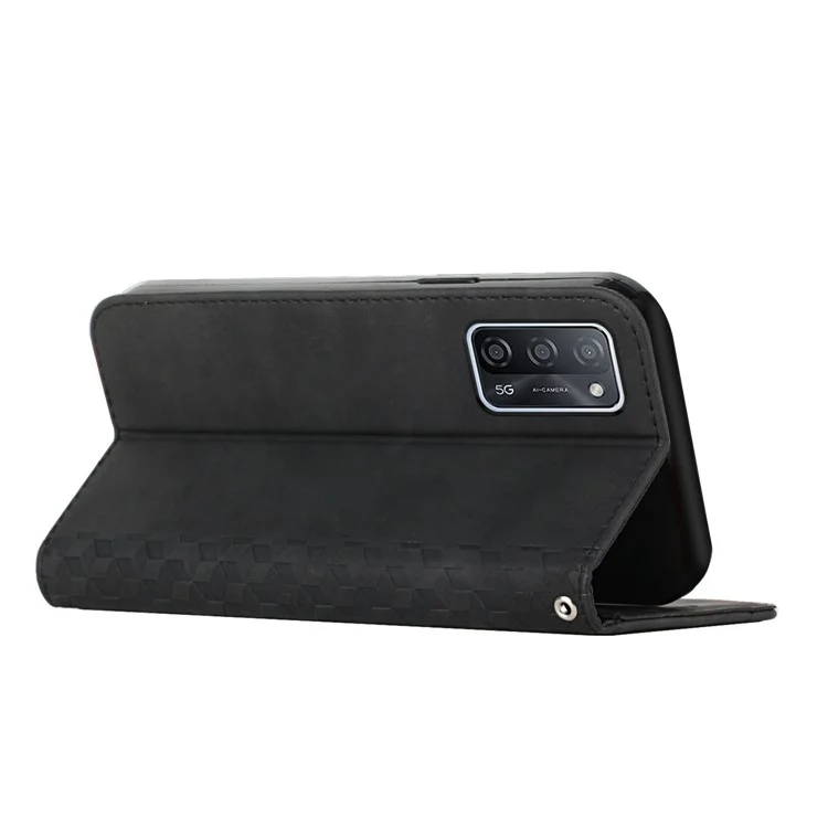 Rhombus Pattern Skin-touch Feel Magnetic Absorption Leather Protective Phone Cover Case for Oppo A16/A16s/A54s/A55 5G/A53s 5G - Black