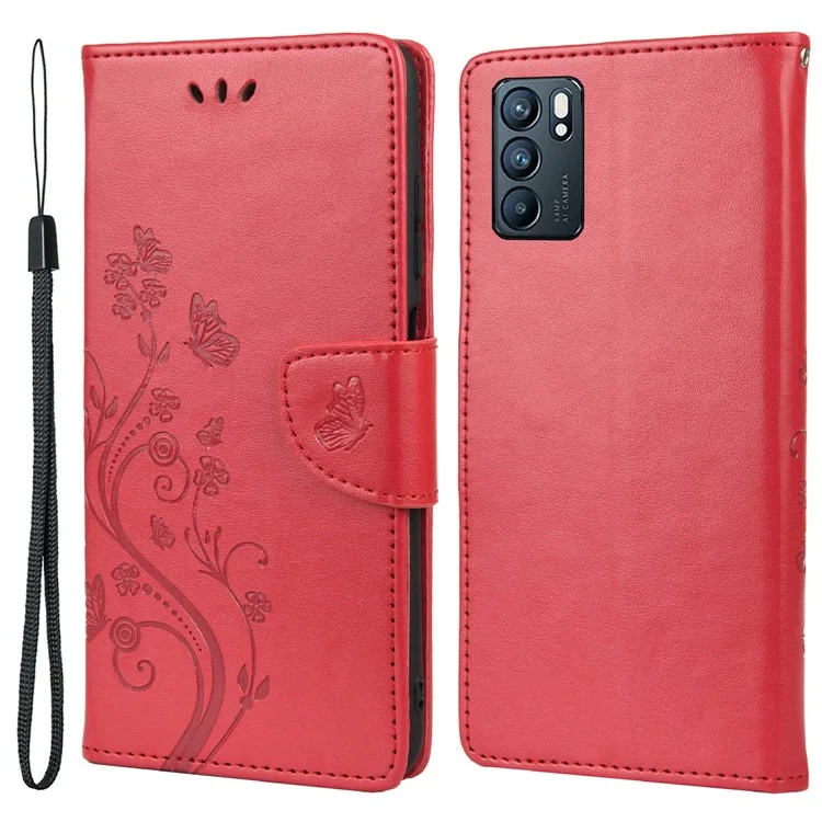 Butterfly Flower Imprinted Leather Wallet Stand Full Protection Phone Case Cover with Lanyard for Oppo Reno6 5G - Red