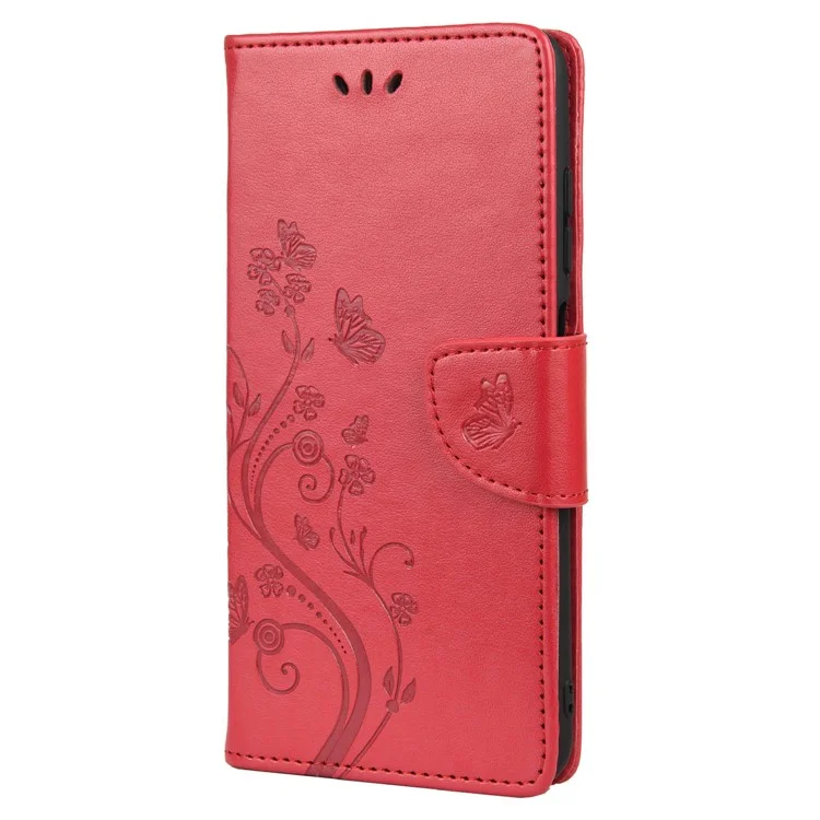 Butterfly Flower Imprinted Leather Wallet Stand Full Protection Phone Case Cover with Lanyard for Oppo Reno6 5G - Red