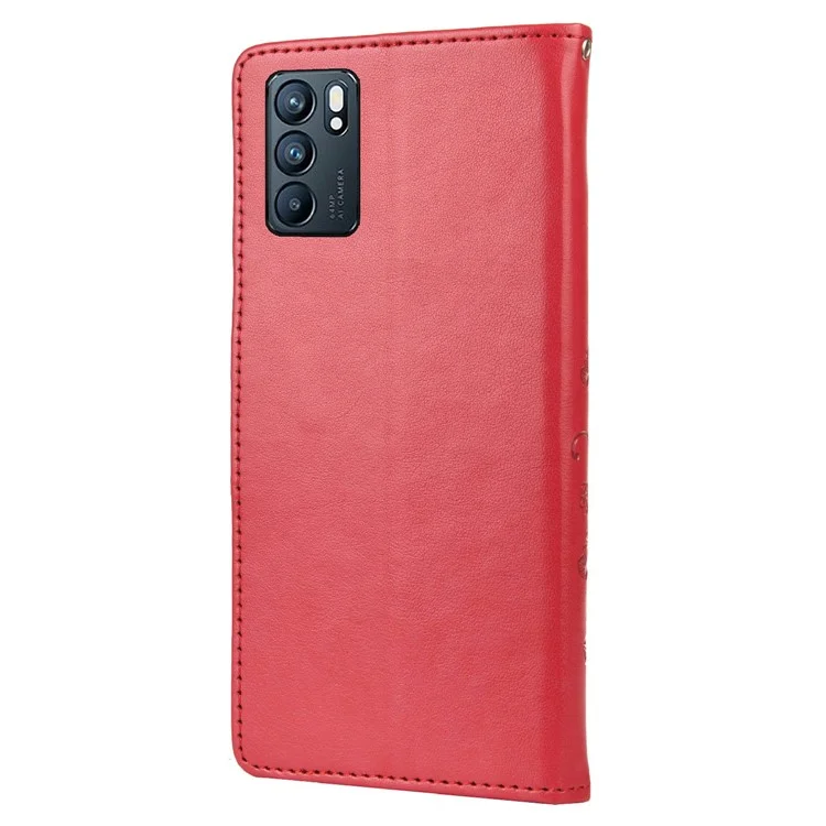 Butterfly Flower Imprinted Leather Wallet Stand Full Protection Phone Case Cover with Lanyard for Oppo Reno6 5G - Red