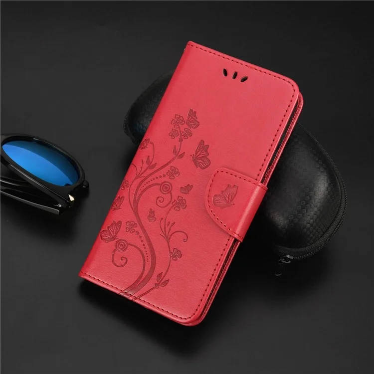 Butterfly Flower Imprinted Leather Wallet Stand Full Protection Phone Case Cover with Lanyard for Oppo Reno6 5G - Red