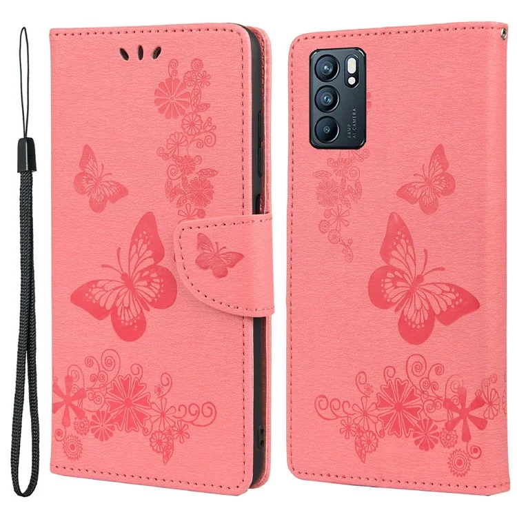 Butterflies Imprimées du Portefeuille en Cuir de Fleur Sobre de Protection de Téléphone Pour Oppo Reno6 5G - Rose