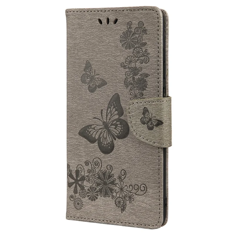 Imprinted Butterflies Flower Leather Wallet Stand Phone Protective Case Shell for Oppo Reno6 5G - Grey