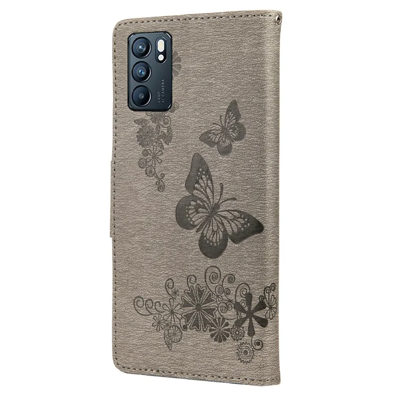 Imprinted Butterflies Flower Leather Wallet Stand Phone Protective Case Shell for Oppo Reno6 5G - Grey