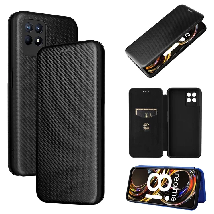 Carbon Faser Textur Auto-absorbiertes Leder-Ständer-Handy-Schutzhülle mit Ring-Trageriemen für Realme 8i - Schwarz