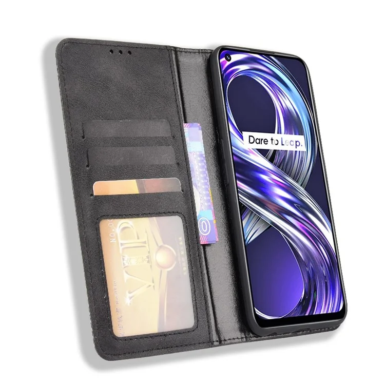 Per Realme 8i Retro Textured Surface Shockproof Wallet Stand Well-Protected Phone Leather Case - Nero