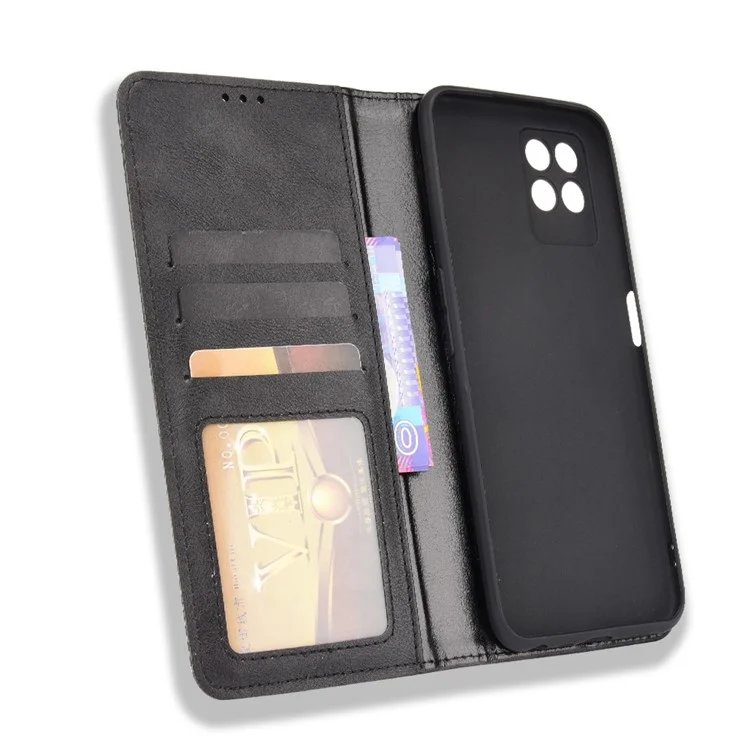 Per Realme 8i Retro Textured Surface Shockproof Wallet Stand Well-Protected Phone Leather Case - Nero