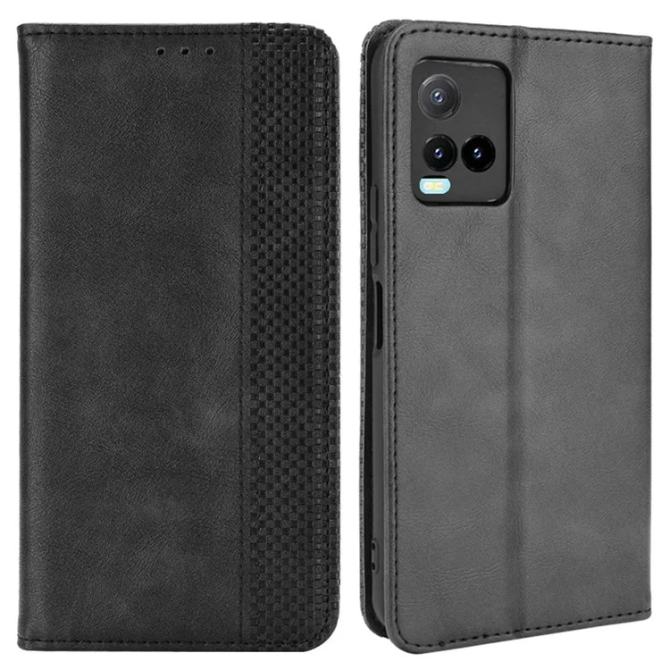Capa de carteira de couro do telefone com superfície texturizada retrô, fechamento automático magnético para vivo Y33s 4G / Y21 / Y21s / Y32 4G / Y21t 4G / Y21e 4G / Y21a 4G / Y21G / T1X 4G / Y33t - Preto