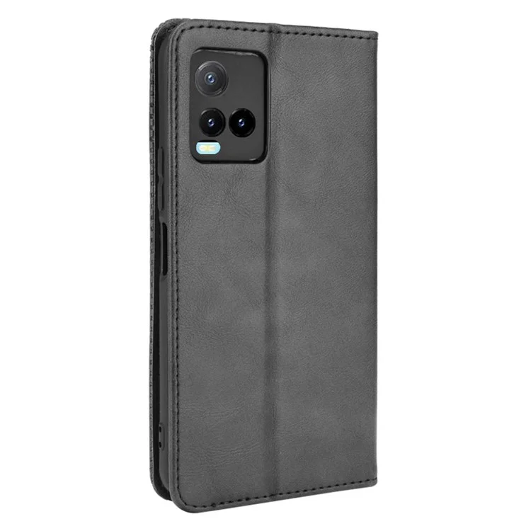 Capa de carteira de couro do telefone com superfície texturizada retrô, fechamento automático magnético para vivo Y33s 4G / Y21 / Y21s / Y32 4G / Y21t 4G / Y21e 4G / Y21a 4G / Y21G / T1X 4G / Y33t - Preto