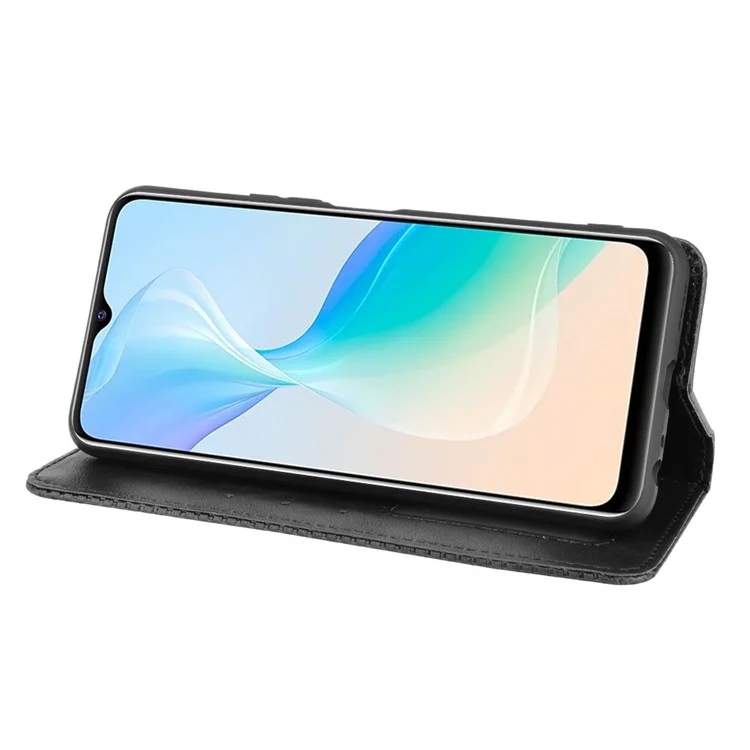 Capa de carteira de couro do telefone com superfície texturizada retrô, fechamento automático magnético para vivo Y33s 4G / Y21 / Y21s / Y32 4G / Y21t 4G / Y21e 4G / Y21a 4G / Y21G / T1X 4G / Y33t - Preto