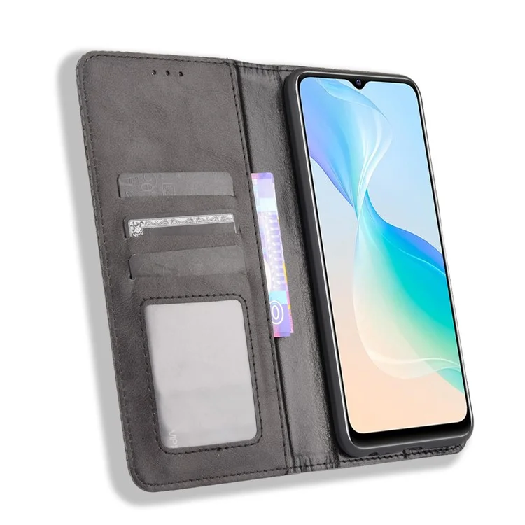 Capa de carteira de couro do telefone com superfície texturizada retrô, fechamento automático magnético para vivo Y33s 4G / Y21 / Y21s / Y32 4G / Y21t 4G / Y21e 4G / Y21a 4G / Y21G / T1X 4G / Y33t - Preto