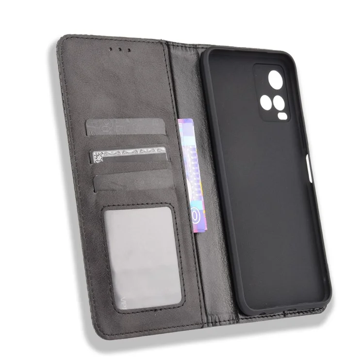 Capa de carteira de couro do telefone com superfície texturizada retrô, fechamento automático magnético para vivo Y33s 4G / Y21 / Y21s / Y32 4G / Y21t 4G / Y21e 4G / Y21a 4G / Y21G / T1X 4G / Y33t - Preto