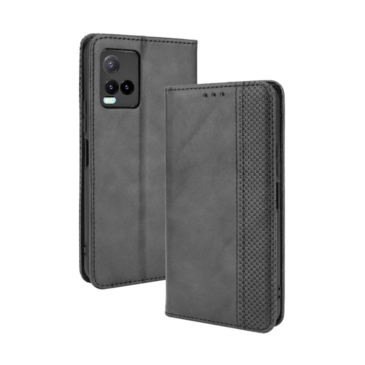 Capa de carteira de couro do telefone com superfície texturizada retrô, fechamento automático magnético para vivo Y33s 4G / Y21 / Y21s / Y32 4G / Y21t 4G / Y21e 4G / Y21a 4G / Y21G / T1X 4G / Y33t - Preto