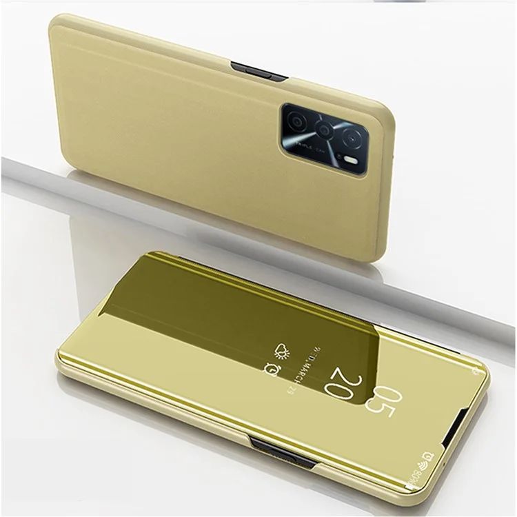 Electroplating Mirror Design Clear View Window Screen Display Case Stand Flip Phone Cover for Oppo A16/A16s/A54s - Gold