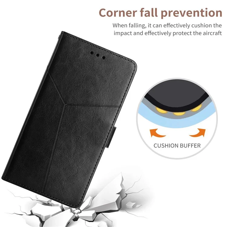 Full Body Protection Y-Shaped Lines Imprinting PU Leather Wallet Stand Anti-Drop Phone Cover Shell with Wrist Strap for Oppo A93s 5G - Black