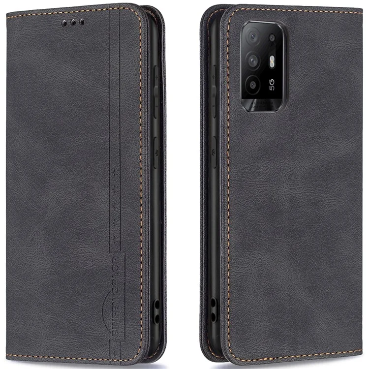 BINFEN COLOR Stylish RFID Blocking Design Anti-drop PU Leather Phone Case Wear-resistant Stand Cover for Oppo A94 5G/F19 Pro+ 5G/Reno5 Z - Black