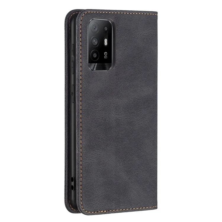 BINFEN COLOR Stylish RFID Blocking Design Anti-drop PU Leather Phone Case Wear-resistant Stand Cover for Oppo A94 5G/F19 Pro+ 5G/Reno5 Z - Black
