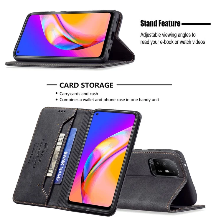 BINFEN COLOR Stylish RFID Blocking Design Anti-drop PU Leather Phone Case Wear-resistant Stand Cover for Oppo A94 5G/F19 Pro+ 5G/Reno5 Z - Black