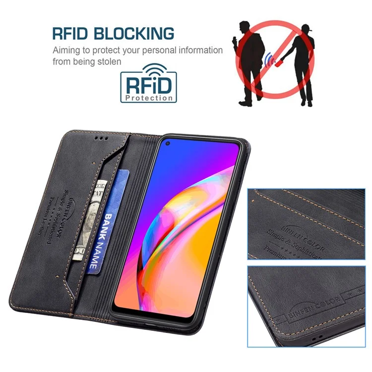 BINFEN COLOR Stylish RFID Blocking Design Anti-drop PU Leather Phone Case Wear-resistant Stand Cover for Oppo A94 5G/F19 Pro+ 5G/Reno5 Z - Black