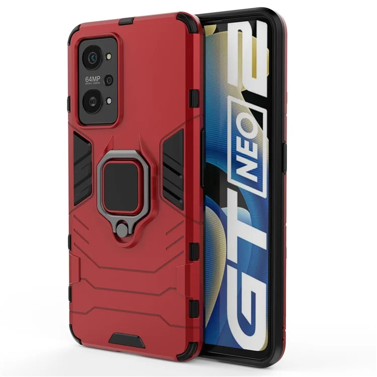 Drop Proof Dual Layer Soft TPU + Hard PC Phone Cover with Ring Holder Kickstand for Realme GT Neo2 5G/GT Neo 3T 5G - Red