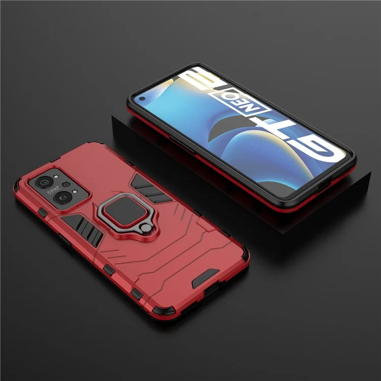 Drop Proof Dual Layer Soft TPU + Hard PC Phone Cover with Ring Holder Kickstand for Realme GT Neo2 5G/GT Neo 3T 5G - Red