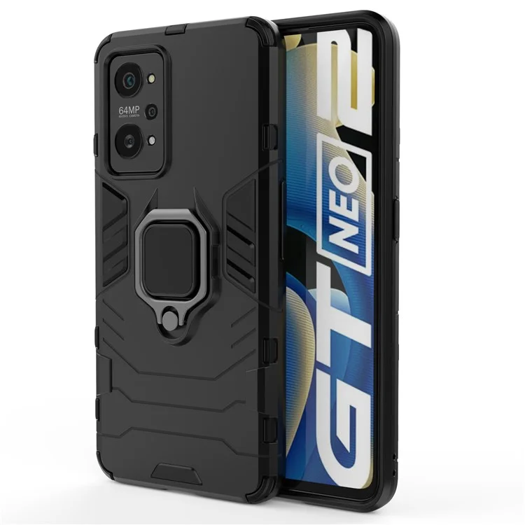 Drop Proof Dual Layer Soft TPU + Hard PC Phone Cover with Ring Holder Kickstand for Realme GT Neo2 5G/GT Neo 3T 5G - Black