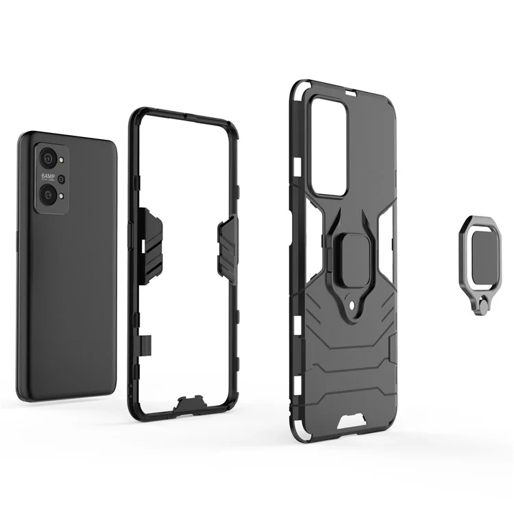 Drop Proof Dual Layer Soft TPU + Hard PC Phone Cover with Ring Holder Kickstand for Realme GT Neo2 5G/GT Neo 3T 5G - Black