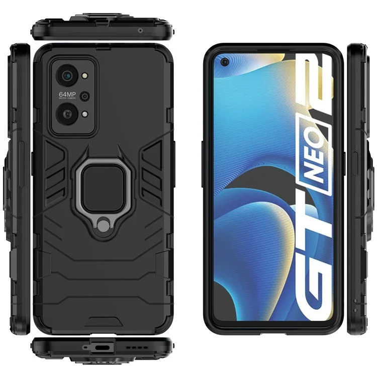 Drop Proof Dual Layer Soft TPU + Hard PC Phone Cover with Ring Holder Kickstand for Realme GT Neo2 5G/GT Neo 3T 5G - Black