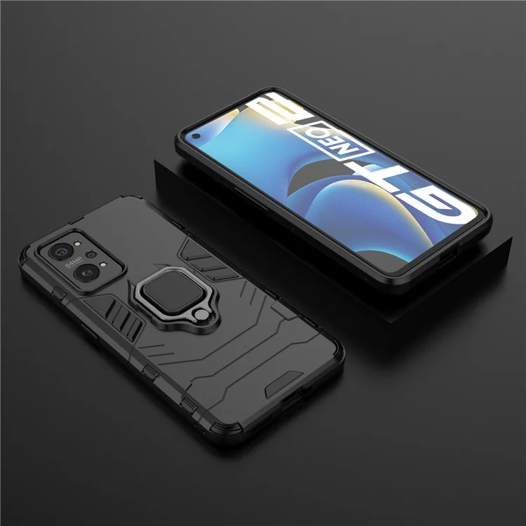 Drop Proof Dual Layer Soft TPU + Hard PC Phone Cover with Ring Holder Kickstand for Realme GT Neo2 5G/GT Neo 3T 5G - Black