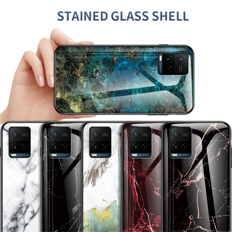 Marble Pattern Smooth Light Anti-scratch Soft TPU Frame PC and Tempered Glass Back Cover for vivo Y21/Y33s - Emerald Marble