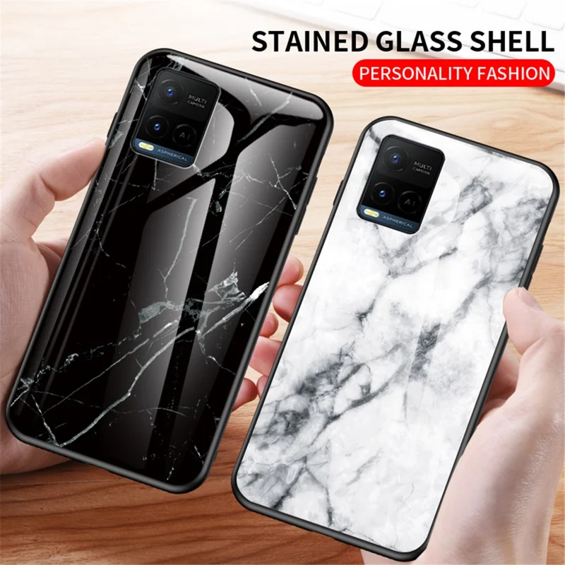 Marble Pattern Smooth Light Anti-scratch Soft TPU Frame PC and Tempered Glass Back Cover for vivo Y21/Y33s - Emerald Marble