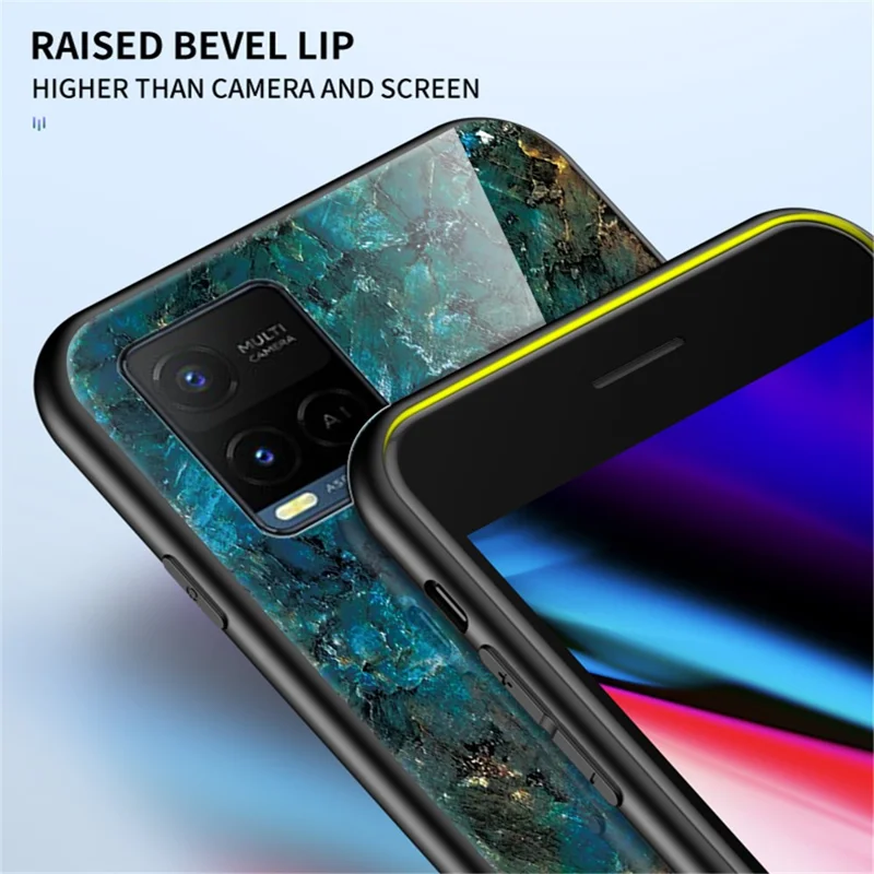 Marble Pattern Smooth Light Anti-scratch Soft TPU Frame PC and Tempered Glass Back Cover for vivo Y21/Y33s - Emerald Marble