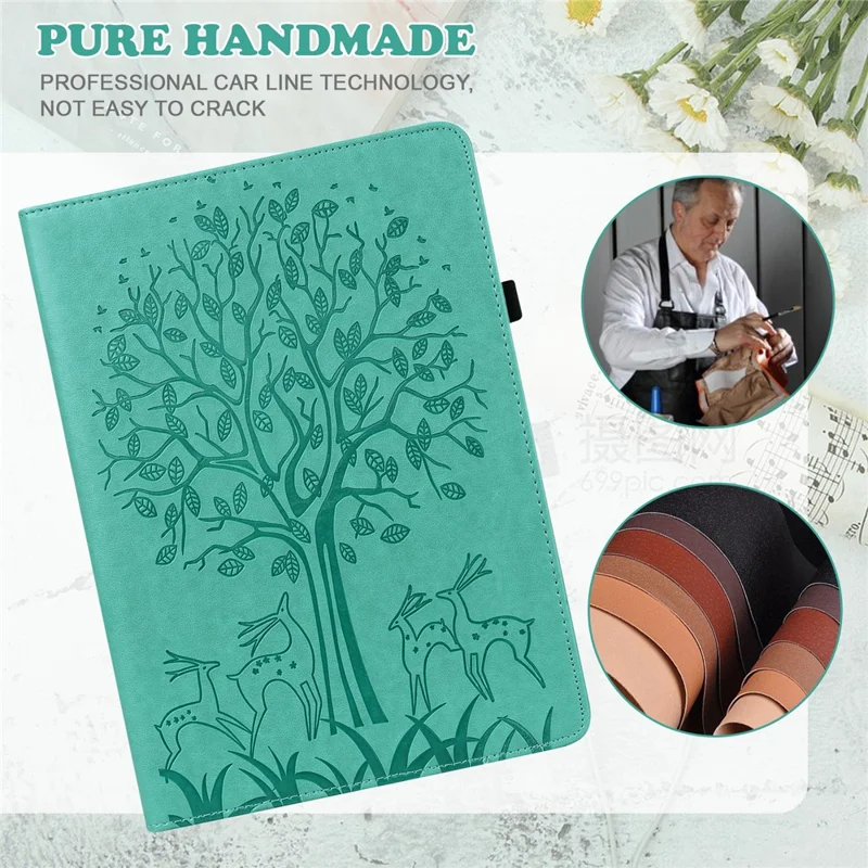 Imprinting Tree Deer Pattern PU Leather Card Slots Tablet Cover Shell with Stand for Realme Pad 10.4-inch - Green
