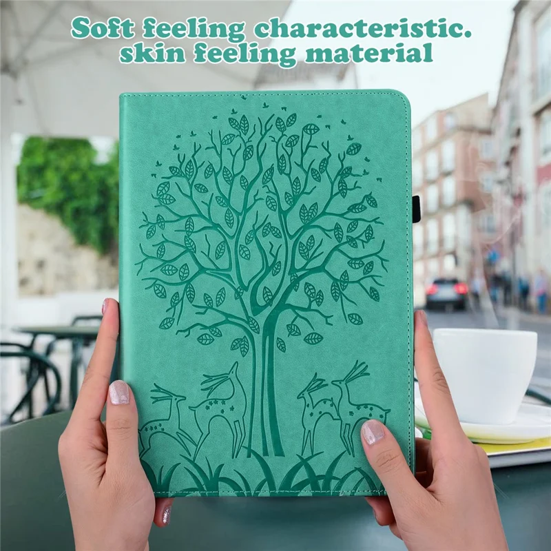 Imprinting Tree Deer Pattern PU Leather Card Slots Tablet Cover Shell with Stand for Realme Pad 10.4-inch - Green