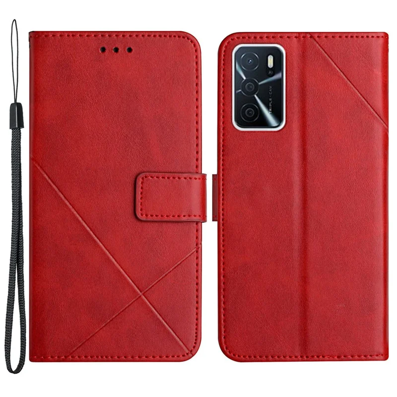 Stripe Design Leather Solid Color Magnetic Clasp Wallet Stand Phone Shell Case for Oppo A16 / A16s / A54s - Red