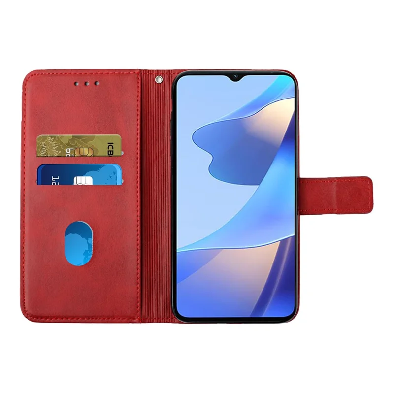 Stripe Design Leather Solid Color Magnetic Clasp Wallet Stand Phone Shell Case for Oppo A16 / A16s / A54s - Red