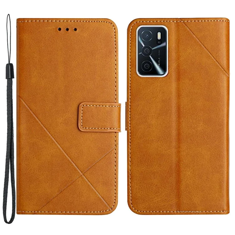 Stripe Design Leather Solid Color Magnetic Clasp Wallet Stand Phone Shell Case for Oppo A16 / A16s / A54s - Brown
