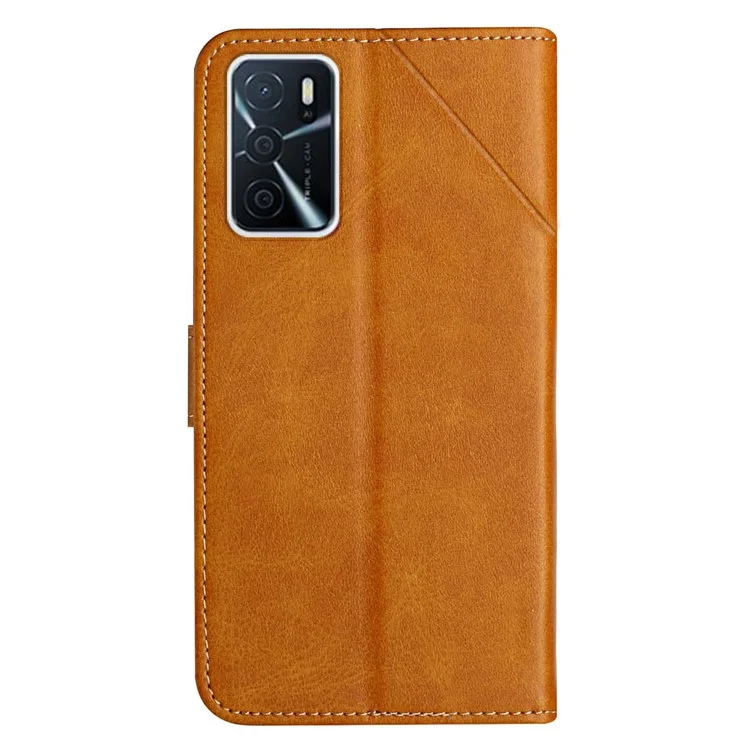 Stripe Design Leather Solid Color Magnetic Clasp Wallet Stand Phone Shell Case for Oppo A16 / A16s / A54s - Brown