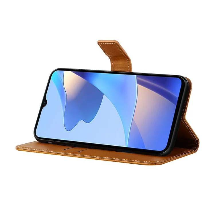 Stripe Design Leather Solid Color Magnetic Clasp Wallet Stand Phone Shell Case for Oppo A16 / A16s / A54s - Brown