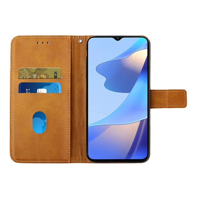 Stripe Design Leather Solid Color Magnetic Clasp Wallet Stand Phone Shell Case for Oppo A16 / A16s / A54s - Brown