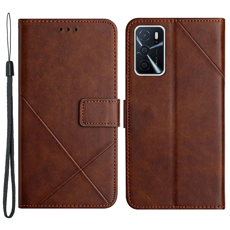 Stripe Design Leather Solid Color Magnetic Clasp Wallet Stand Phone Shell Case for Oppo A16 / A16s / A54s - Coffee