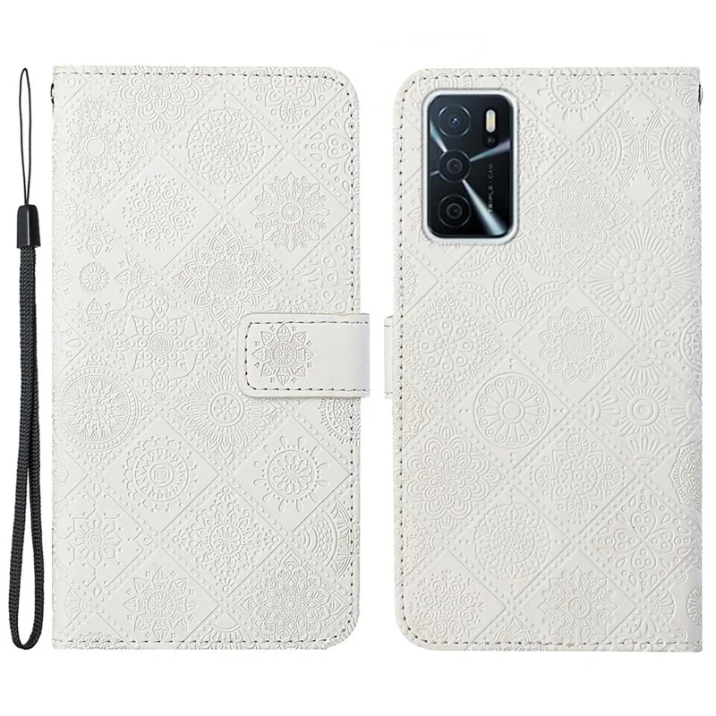 Stand Feature Ethnic Style Imprinted Flower PU Leather Magnetic Flip Shockproof Protective Case with Strap for Oppo A16 - White