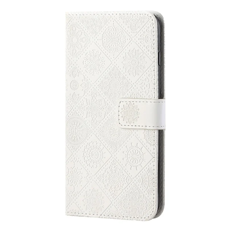 Stand Feature Ethnic Style Imprinted Flower PU Leather Magnetic Flip Shockproof Protective Case with Strap for Oppo A16 - White