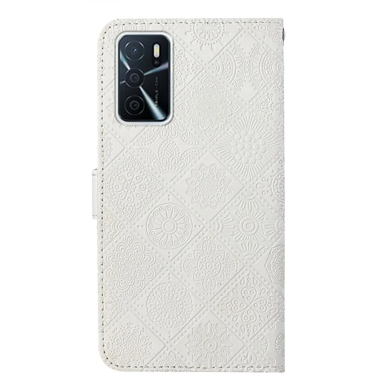 Stand Feature Ethnic Style Imprinted Flower PU Leather Magnetic Flip Shockproof Protective Case with Strap for Oppo A16 - White