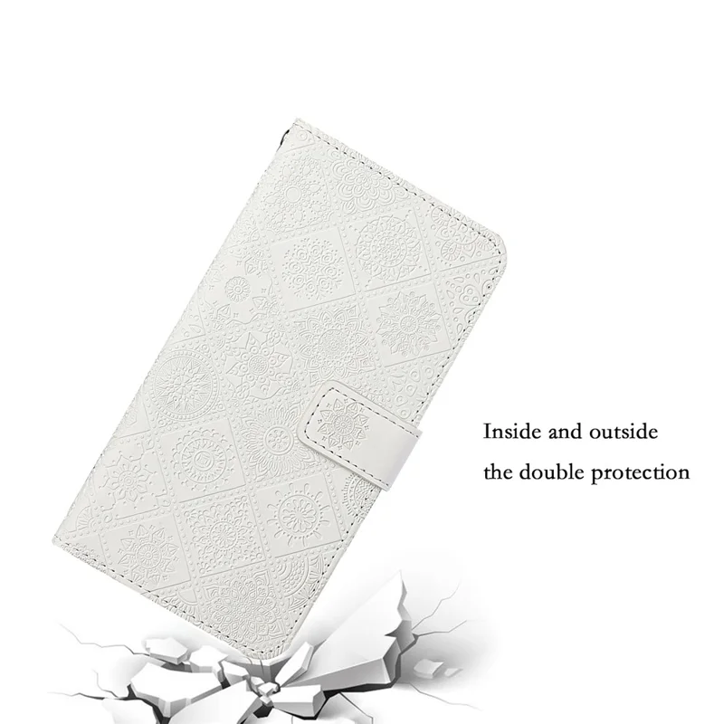 Stand Feature Ethnic Style Imprinted Flower PU Leather Magnetic Flip Shockproof Protective Case with Strap for Oppo A16 - White