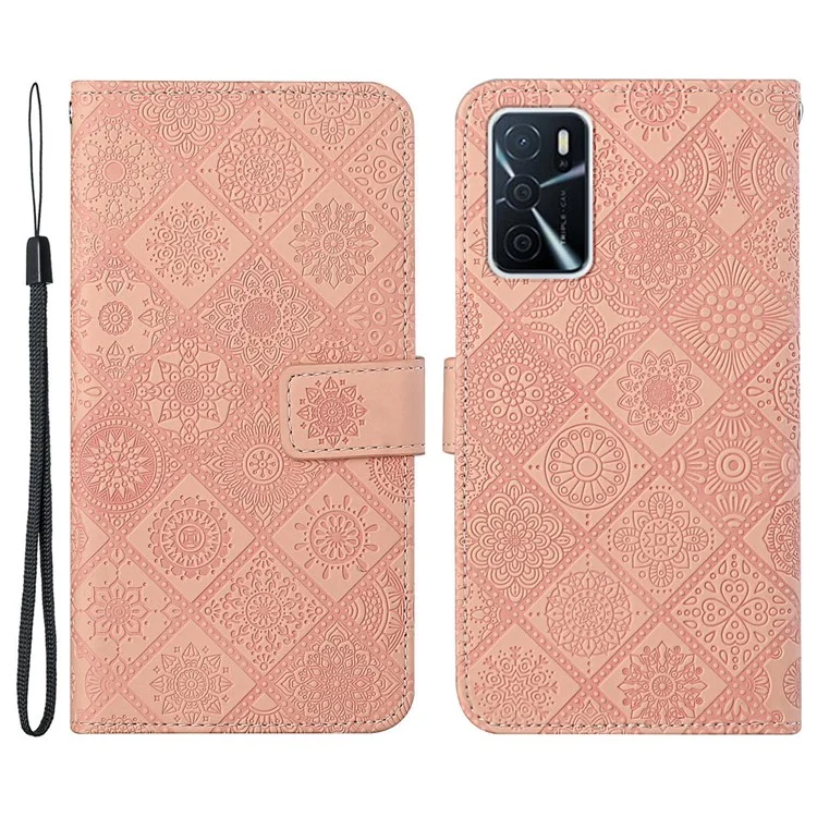 Stand Feature Ethnic Style Imprinted Flower PU Leather Magnetic Flip Shockproof Protective Case with Strap for Oppo A16 - Pink