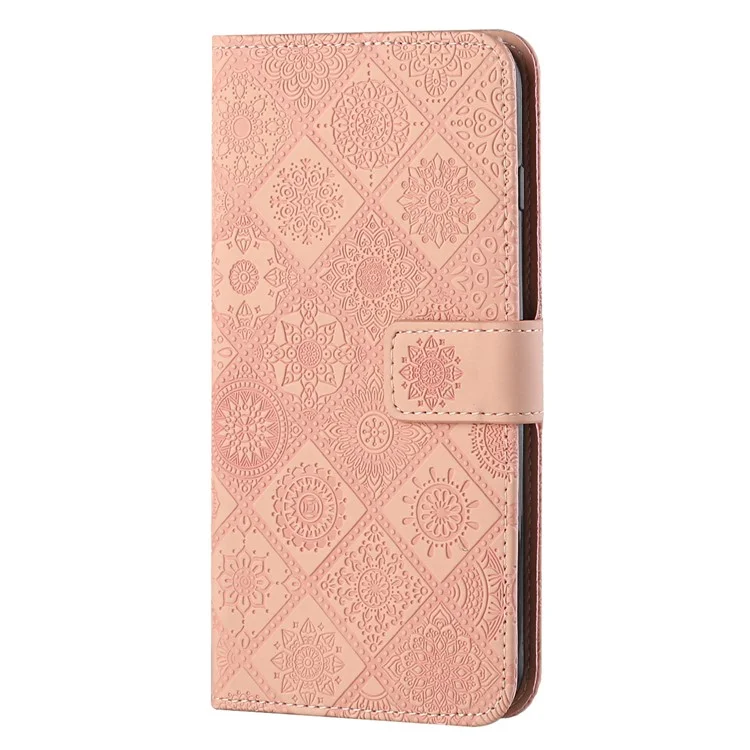 Stand Feature Ethnic Style Imprinted Flower PU Leather Magnetic Flip Shockproof Protective Case with Strap for Oppo A16 - Pink